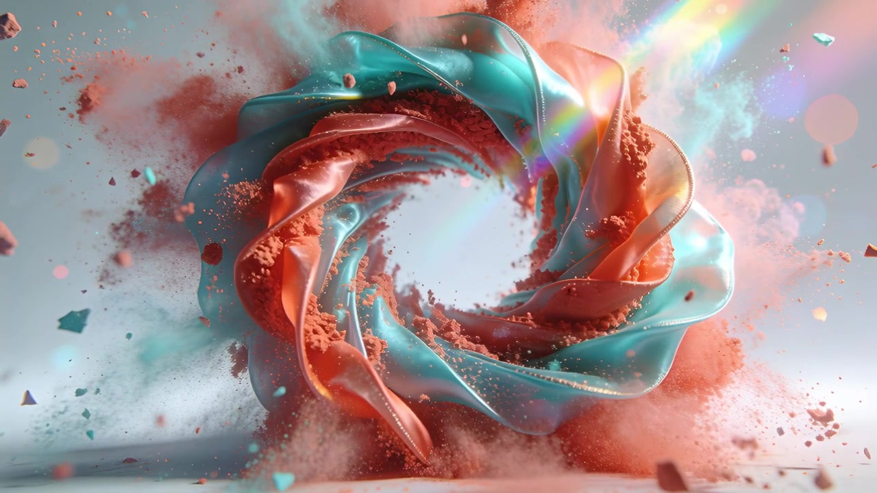 Lifting powder sparking torus ribbon spinning and collapsing in studio, emitting teal coral debris