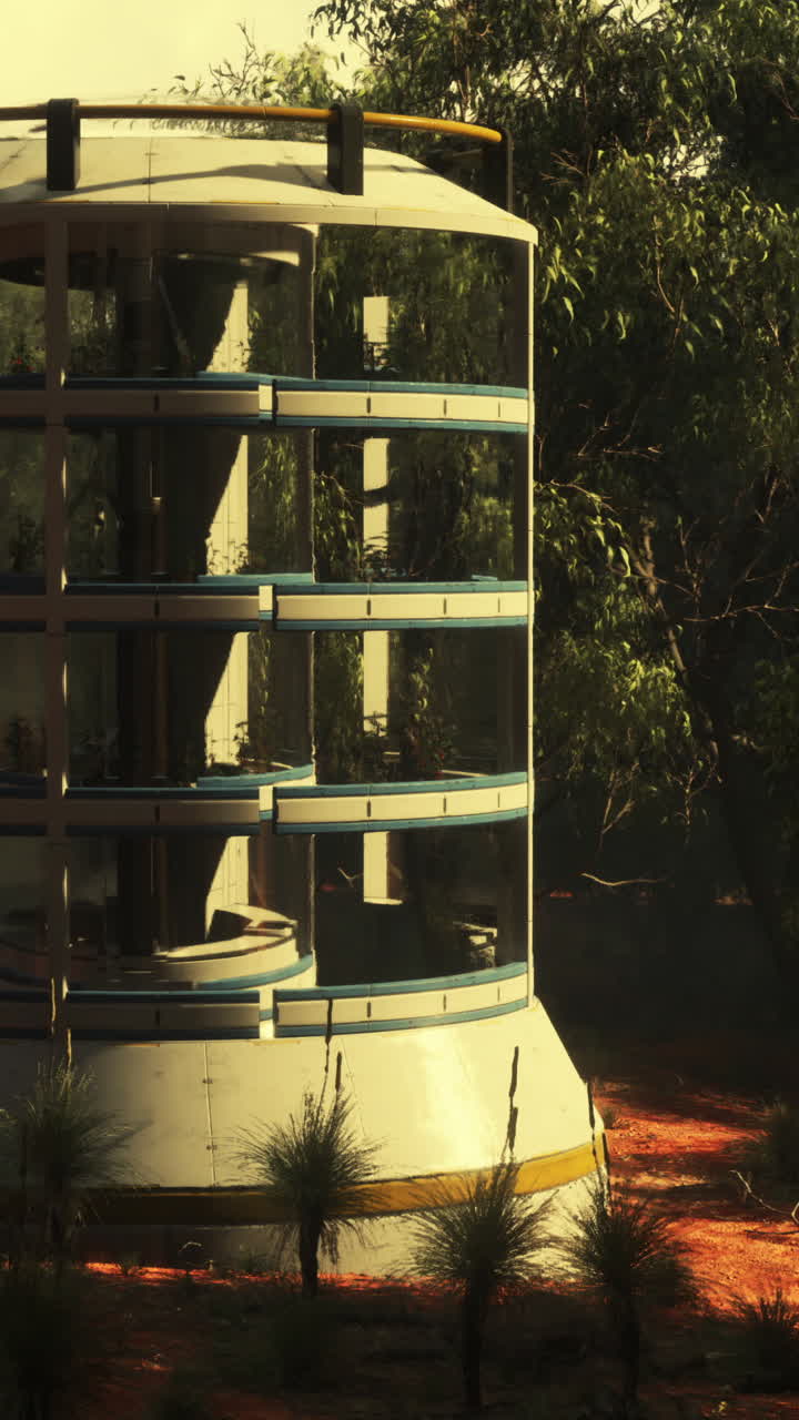 Futuristic glass building in a forest