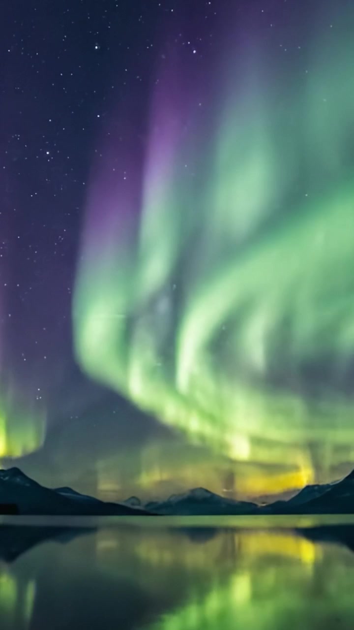 Maestoso Spettacolo dell'Aurora Boreale Illumina il Cielo Notturno Sopra Acque Calme, Riflettendo Vivaci Tonalità di Verde e Giallo in un Orizzonte Stellato