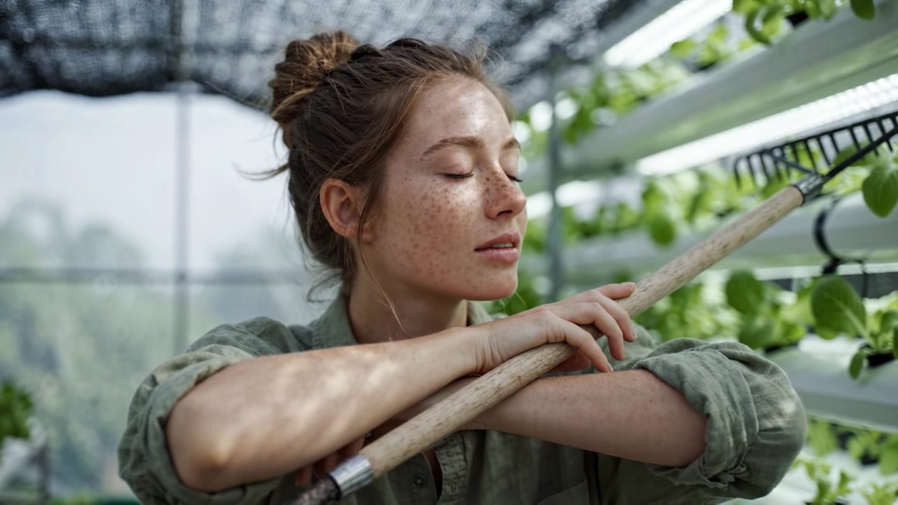En fokusert ung kvinne i et drivhus holder en rive, og reflekterer over sin hagearbeidsreise blant frodige grønne planter og naturlig lys