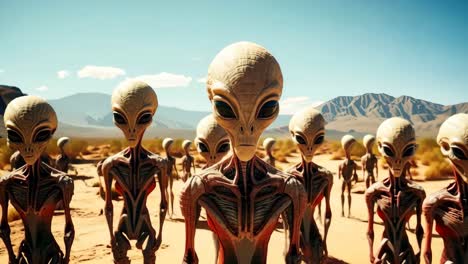 a group of aliens standing in a desert landscape