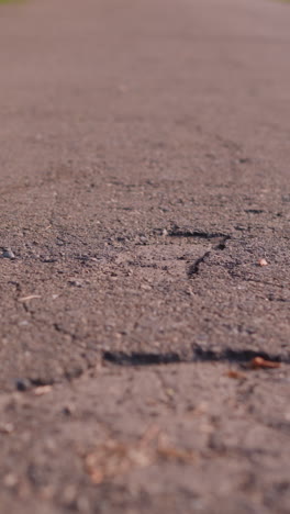 close-up of cracked, textured road surface with visible fissures and rough patches, leading towards a blurred background with green foliage