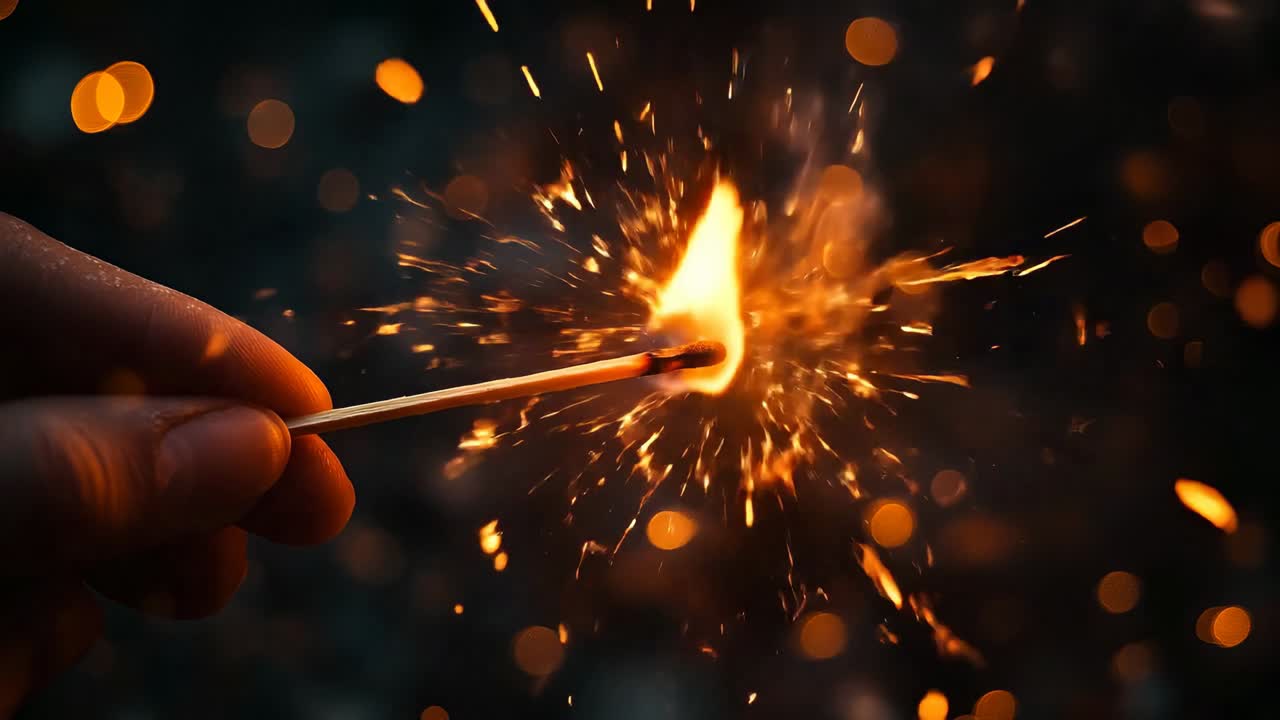 Hand strikes match to create a flame. A person uses a match to start a fire. The flame produces sparks and lights up a dark area around
