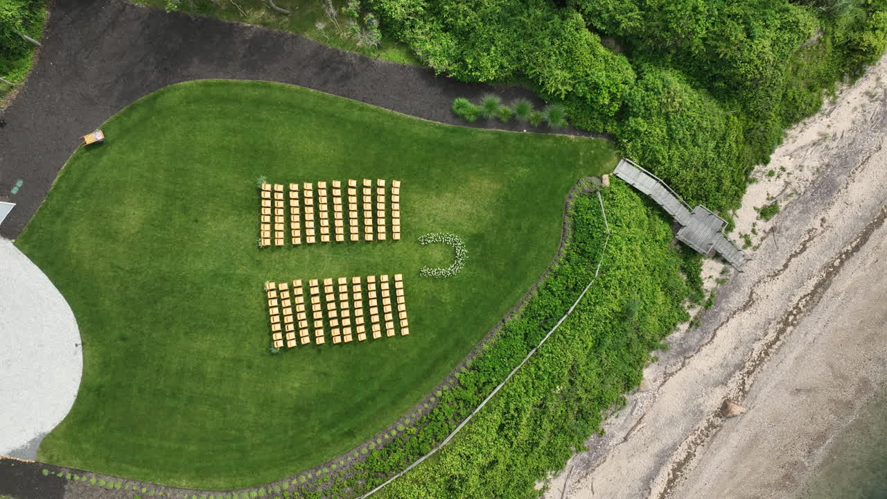 Arranged Chairs Over An Outdoor Wedding Event In Peconic On The North Fork Of Long Island, New York, USA. Aerial Shot