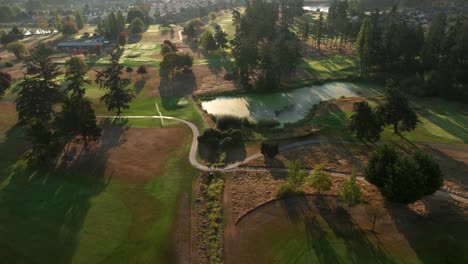 overhead view of a golf course in mid summer with patches of dead grass