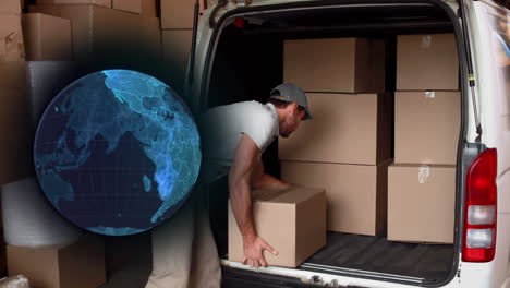 animation of globe of connections over delivery man with cardboard box