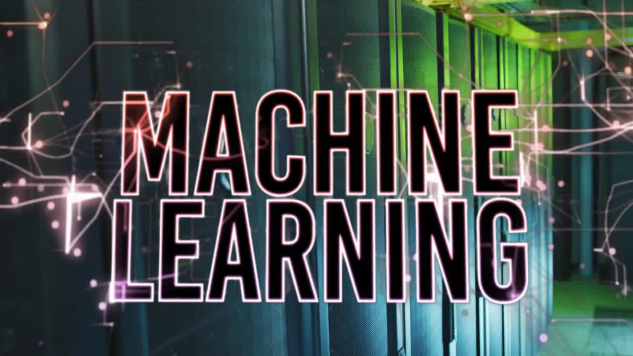 Animation of machine learning text over illuminated abstract patterns over server room