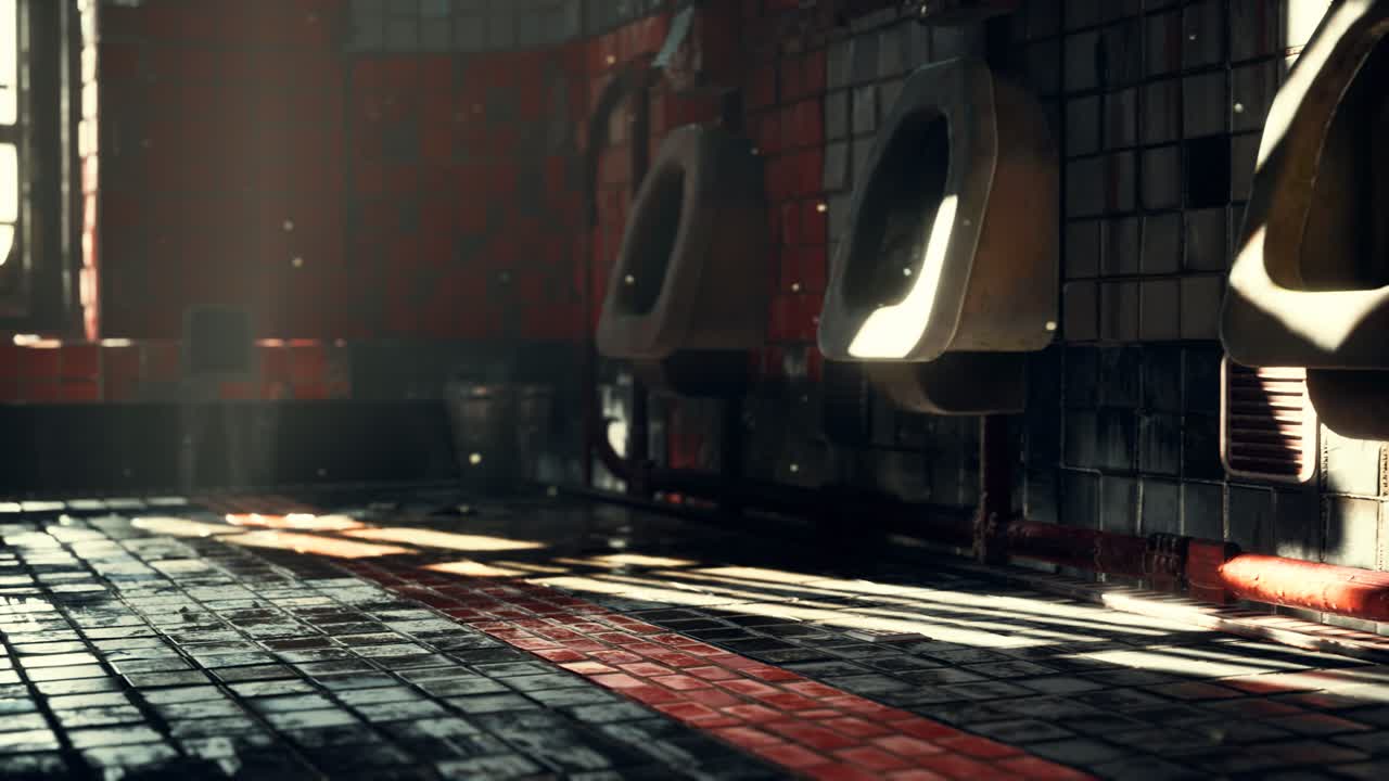 viejo inodoro público abandonado con luces brillantes