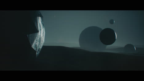 alien planet desert landscape at night with strange sphere-shaped buildings