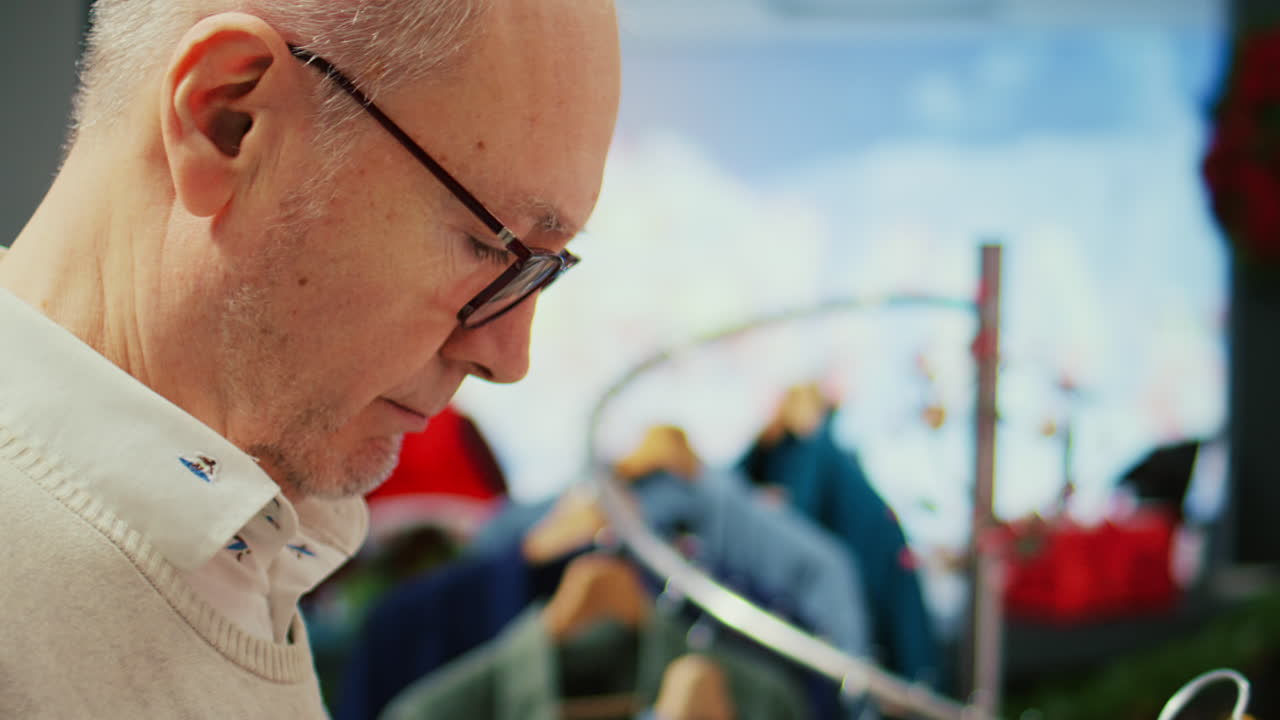 크리스마스 휴가철에 가족을 위한 완벽한 선물을 사려고 옷걸이를 뒤지는 노인의 모습을 클로즈업합니다. 의류를 쇼핑하는 고위 고객