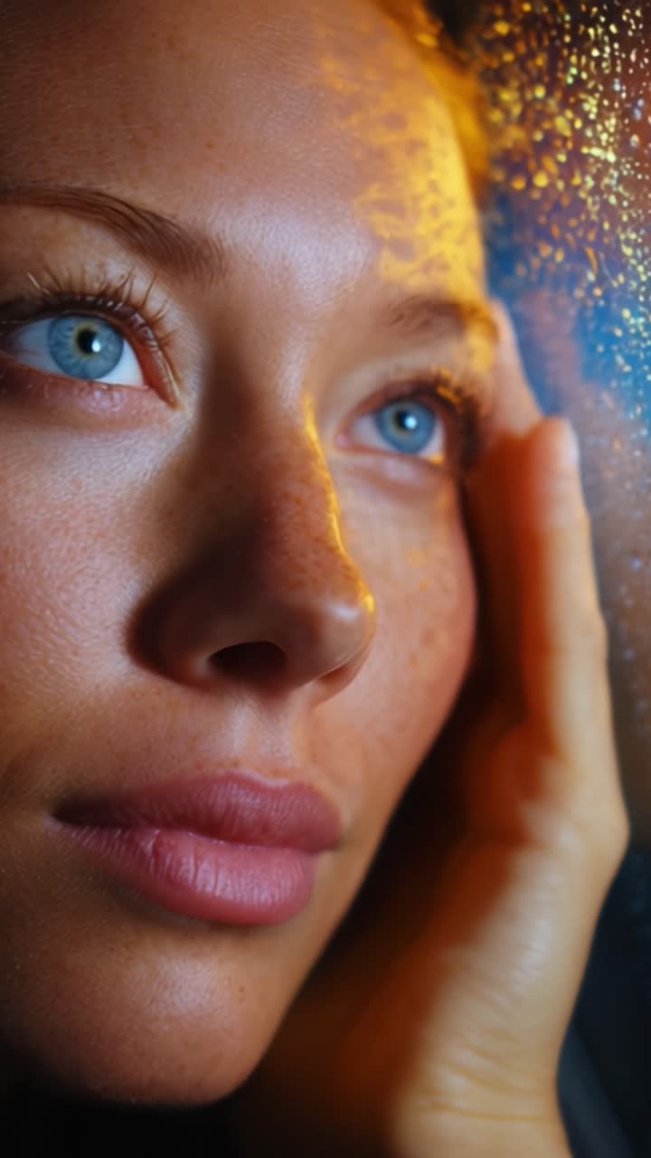 Captivating Close-Up of a Woman's Face, Expressing Emotion Through Her Intense Gaze Against a Rainy Window, Highlighting Features and Complexions Dramatically