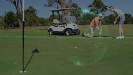 Animation-of-data-processing-over-caucasian-golf-players
