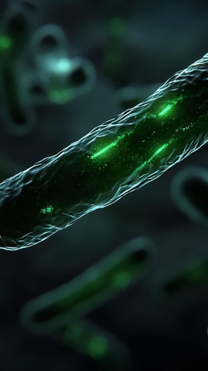Uno sguardo approfondito ai microrganismi bioluminescenti che rivela le loro strutture uniche e il loro bagliore verde vibrante in un ambiente microscopico dinamico.