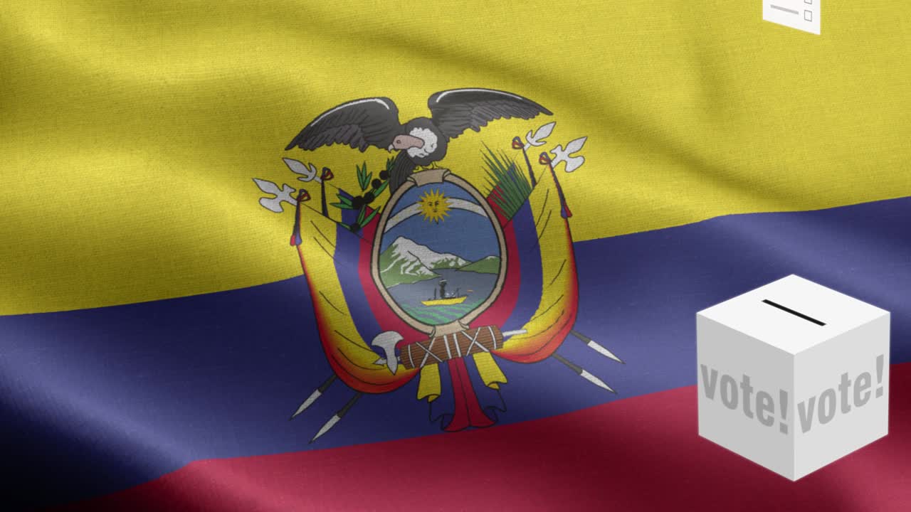 Ballot box in front of flag - Ballots fly to box for Ecuador selection - Election - Vote - Flag Of Ecuador - Ecuador Flag High Detail - National flag Ecuador wave Pattern loopable Elements - Fabric texture and endless loop