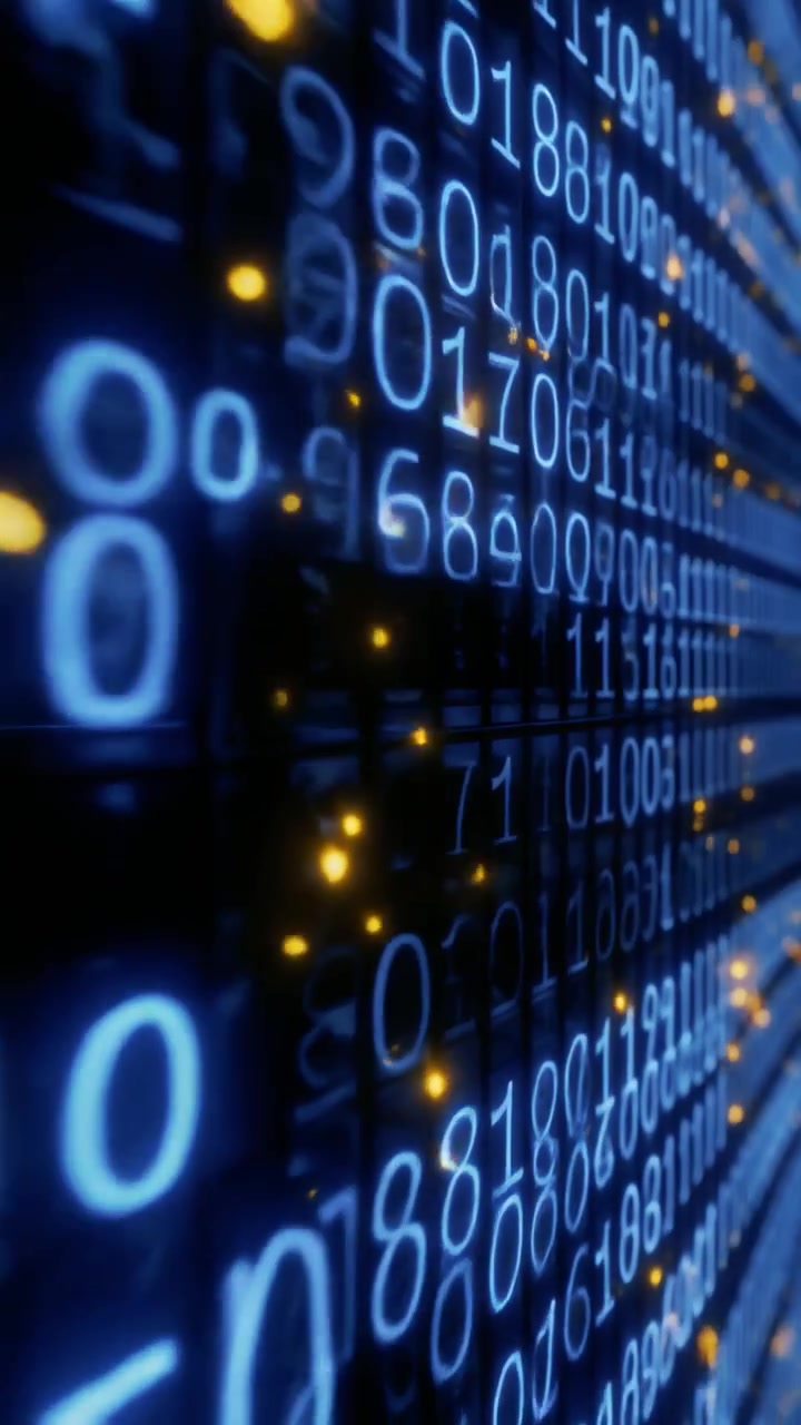 Digital Data Stream with Glowing Binary Code and Numbers
