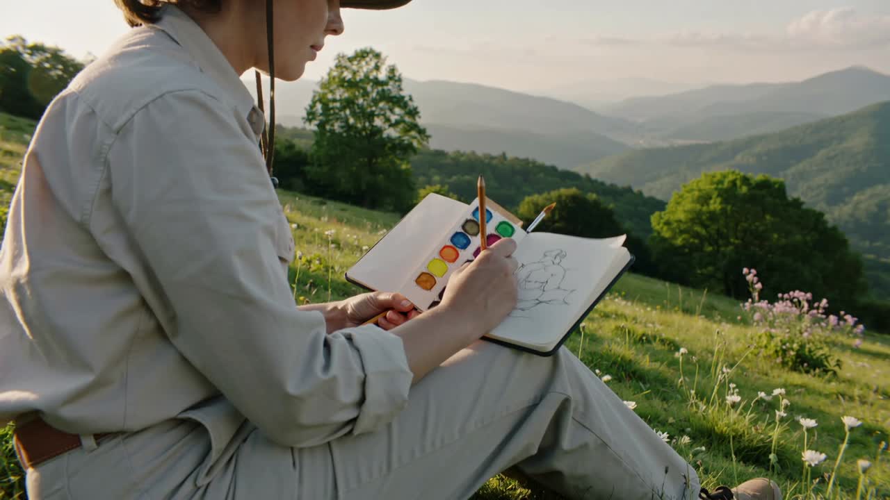Inquadratura che si apre su un artista con un grande cappello, intento a dipingere un album da schizzi su una collina, catturando le colline con una palette