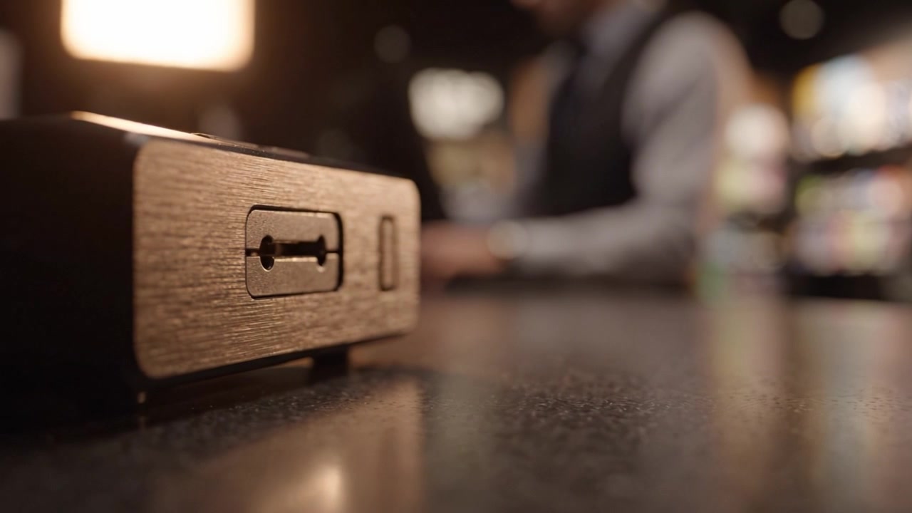 Close-up of a sleek, metallic device resting on a countertop in a blurred environment, hinting at modern technology and its interaction with people nearby.