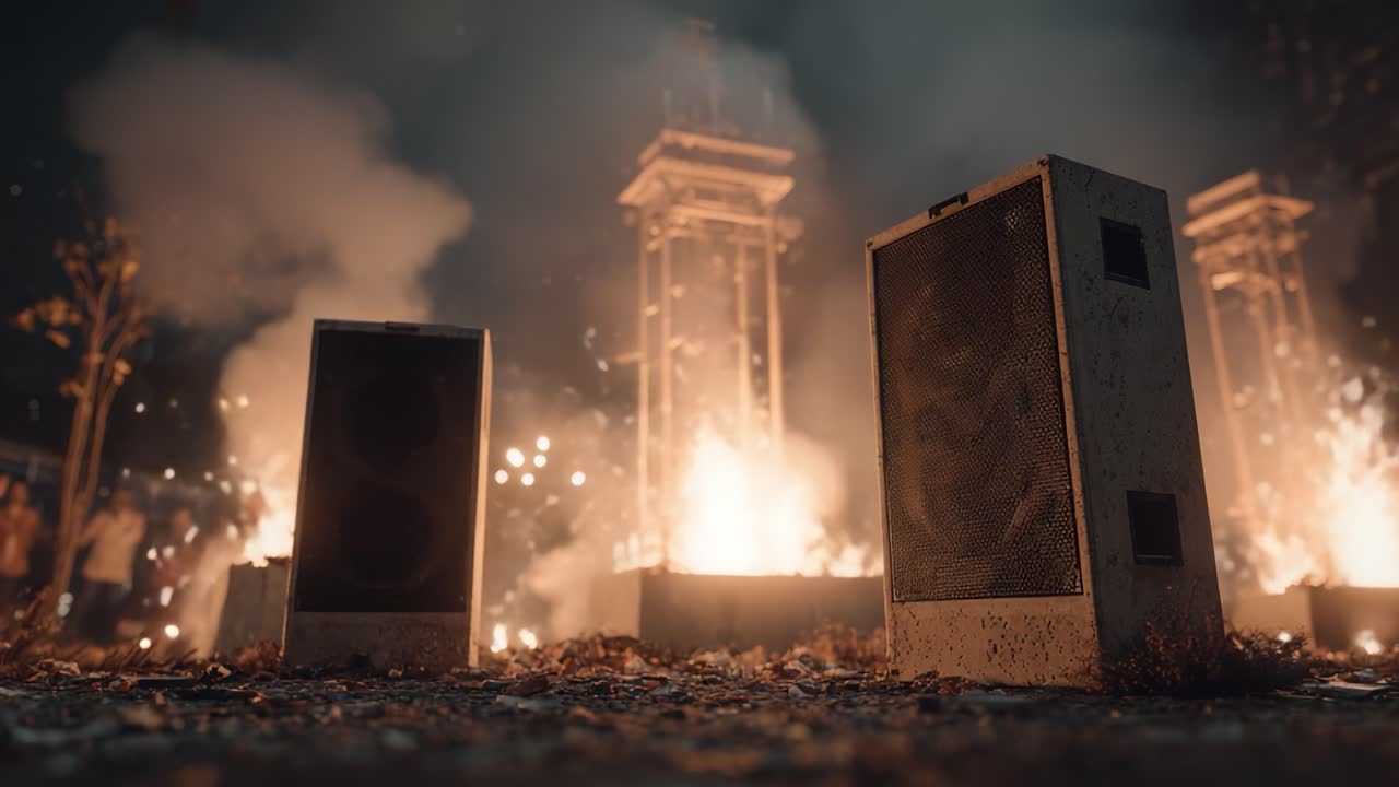 Dynamic Soundscape: Captivating Image of Two Powerful Speakers Amidst a Fiery Background, Evoking Energy and Intensity in a Nighttime Atmosphere