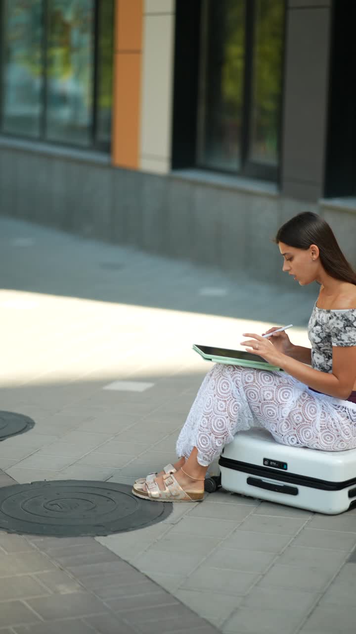 mujer joven trabajando al aire libre en una maleta