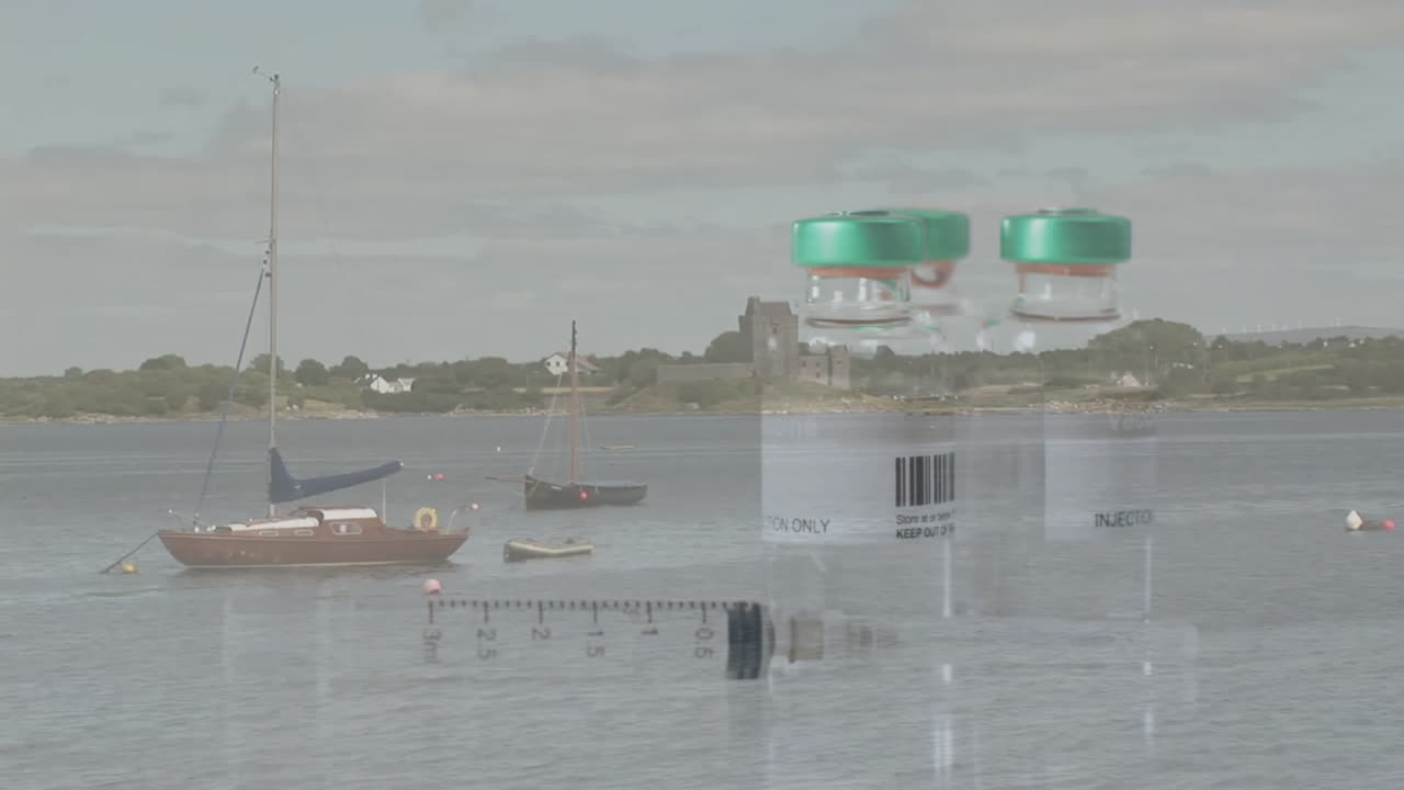 Syringe and vials on table with animation of tranquil harbor and sailboats