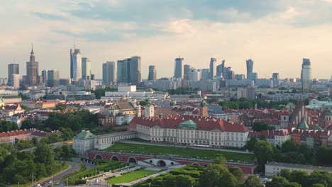 aerial panorama of warsaw, poland over the vistual river and city center in a distance old town