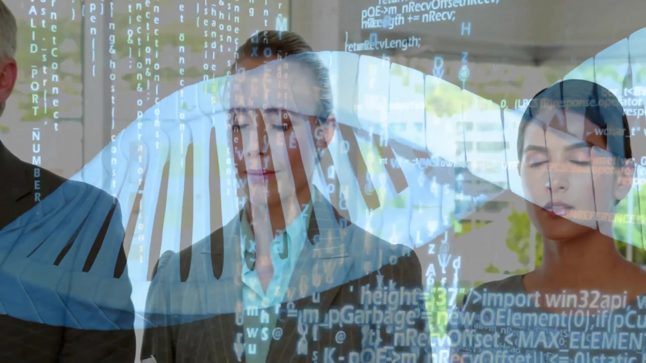 Three colleagues standing in modern office, displaying floating code lines for tech industry