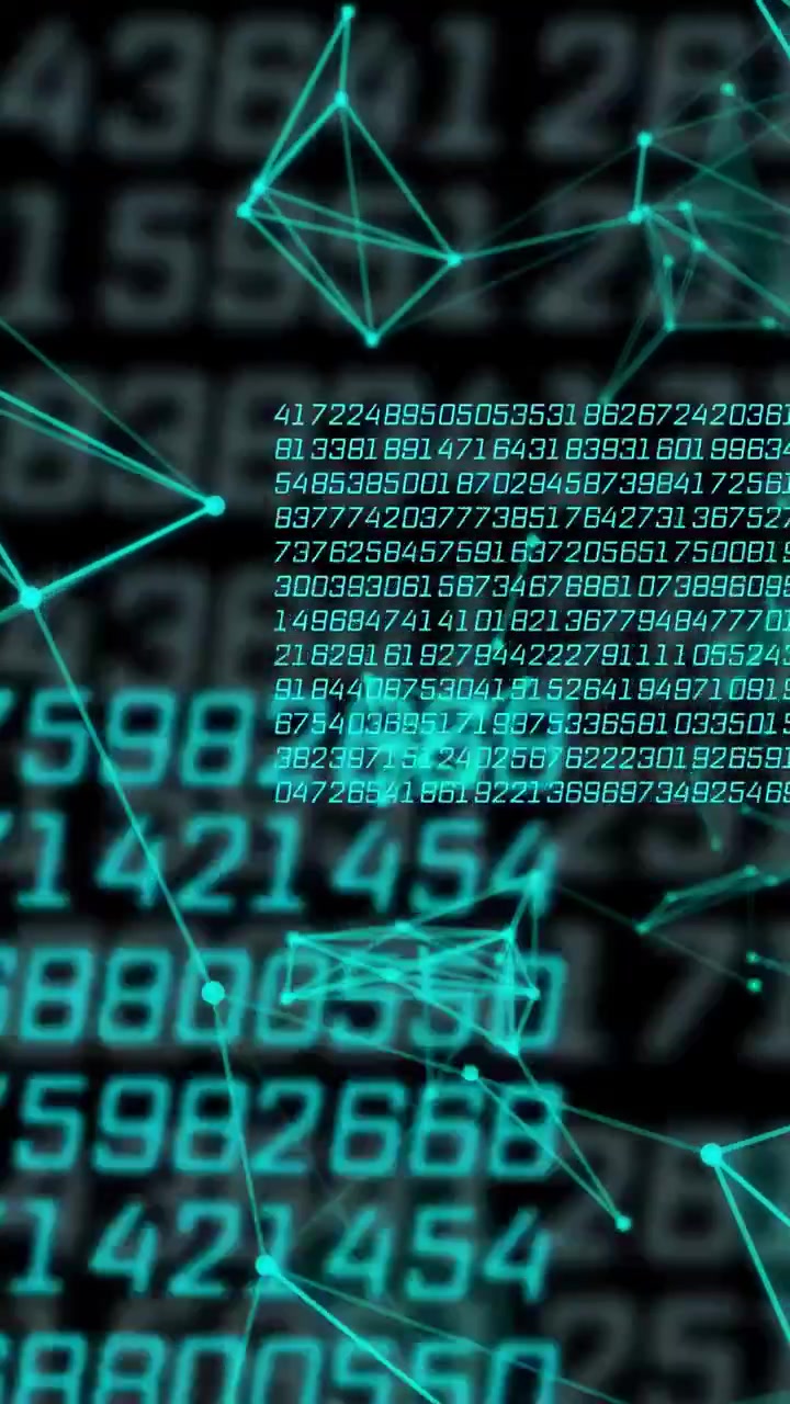 Vertical video: Nodes drifting in starting numeric columns rising, network rotating, showing data