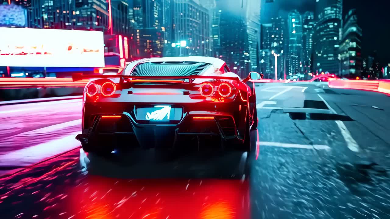빨간색 스포츠카가 밤에 도시 거리를 달리고 있다.