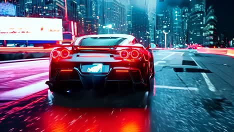 a red sports car driving down a city street at night