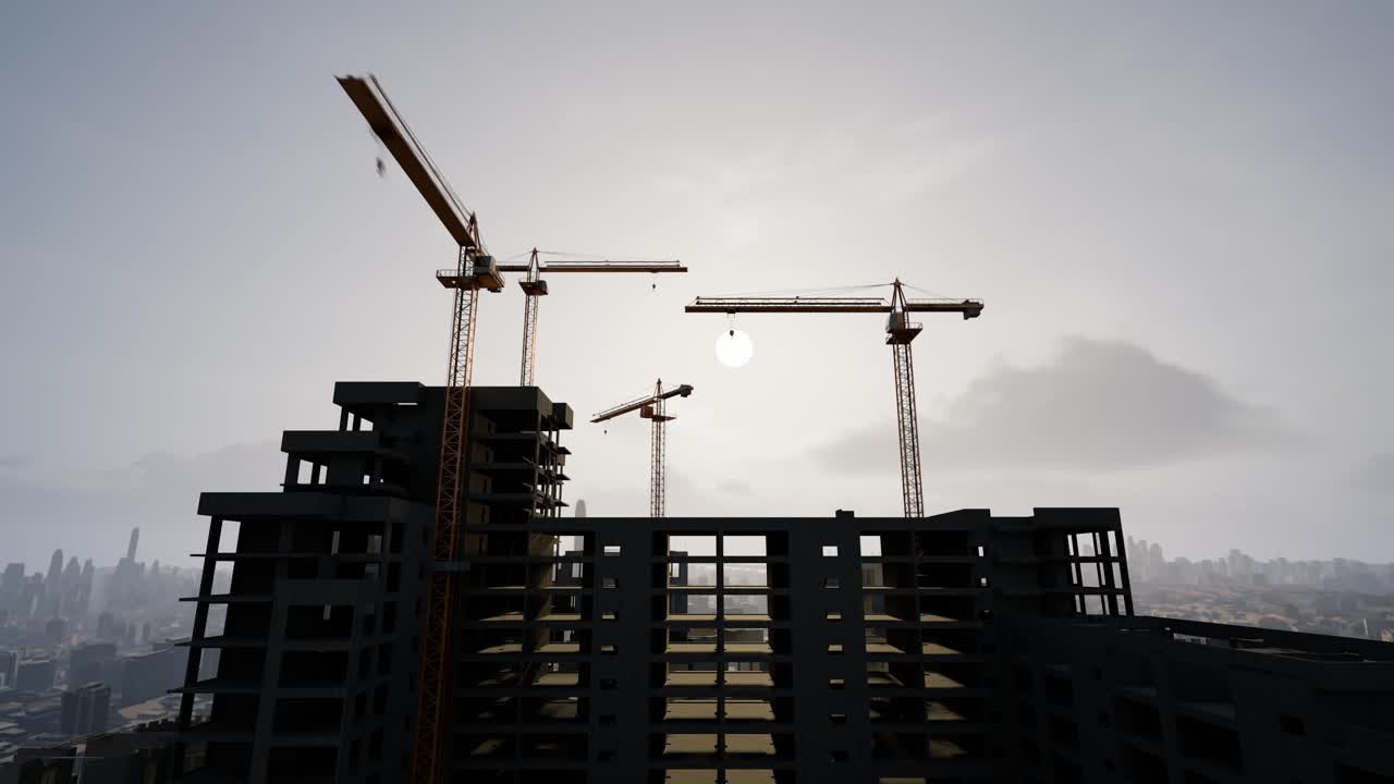 Dynamic Construction Site With Cranes Against Dramatic Sky, Timelapse