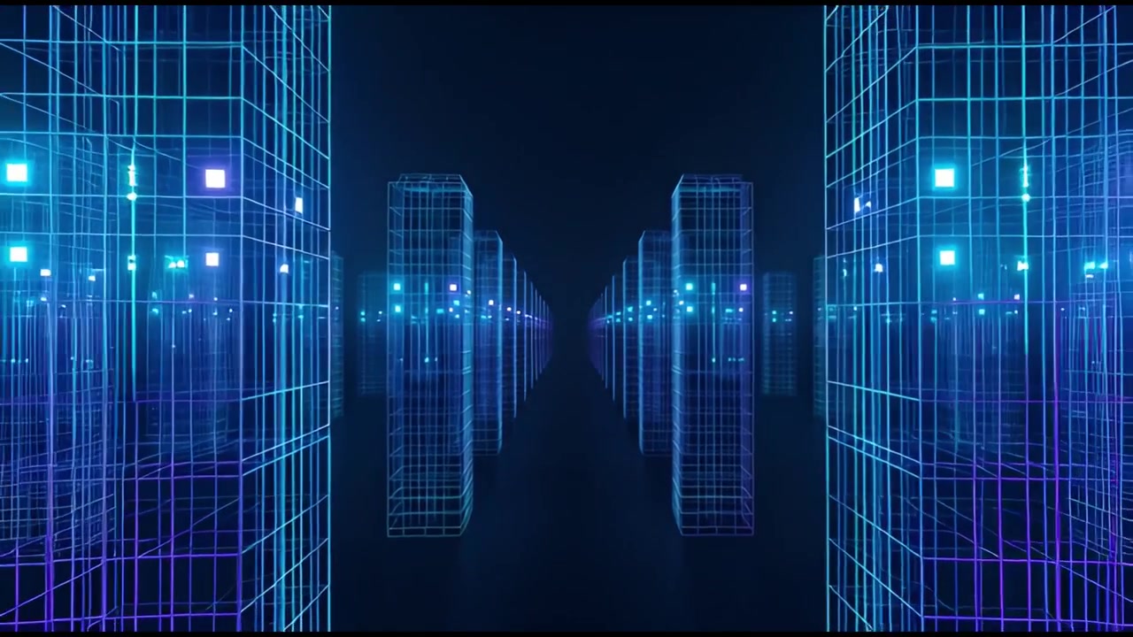 Abstract Digital Cityscape with Glowing Wireframe Skyscrapers
