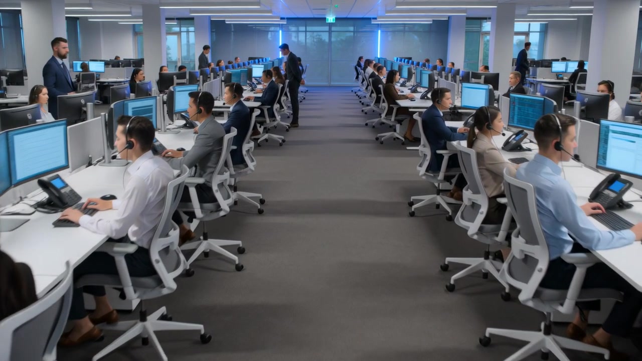 Walking suited lead seeing floor, moving down aisle at call center, checking agents using headsets