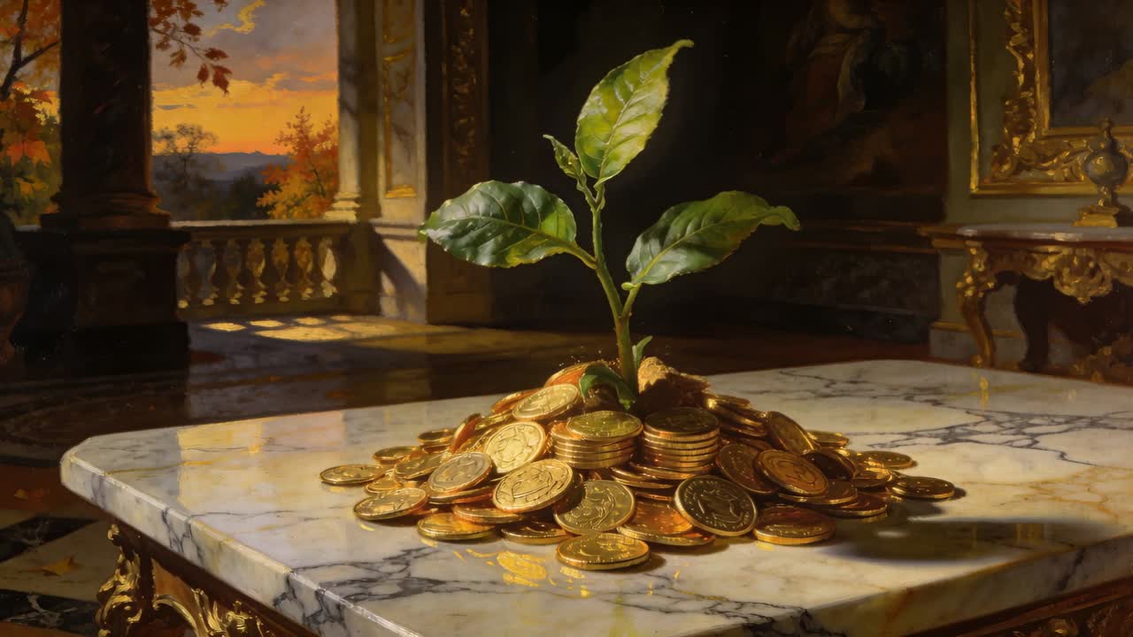 Growing over five frames seedling rising from gold coins on marble table, showing wealth growth