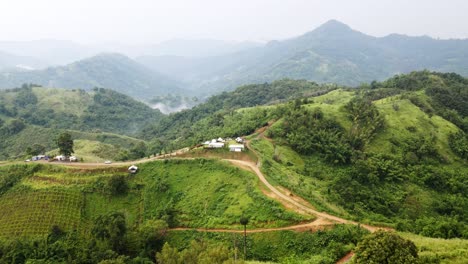 Aerial-view-of-the-resort-in-the-public-green-mountain-in-vacation-travel-time