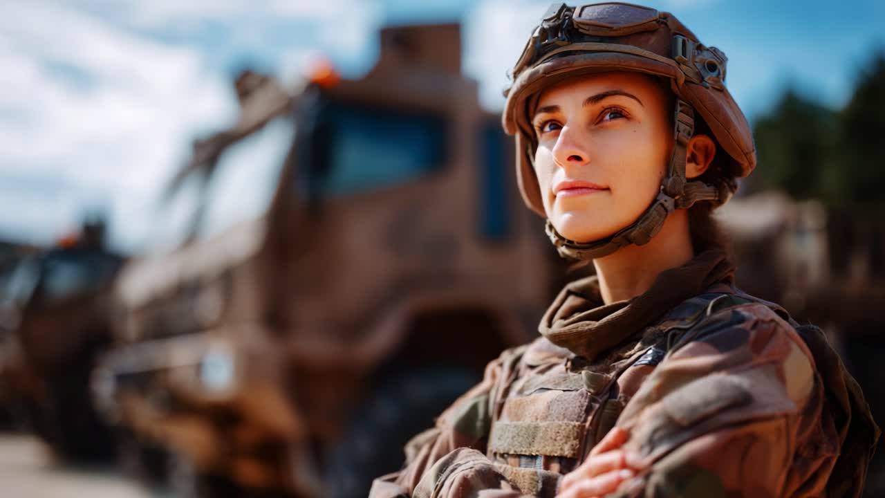 Militare in uniforme, dall'aria sicura, in piedi davanti a veicoli blindati, che incarna forza e determinazione con la decisione di proteggere e servire il proprio Paese