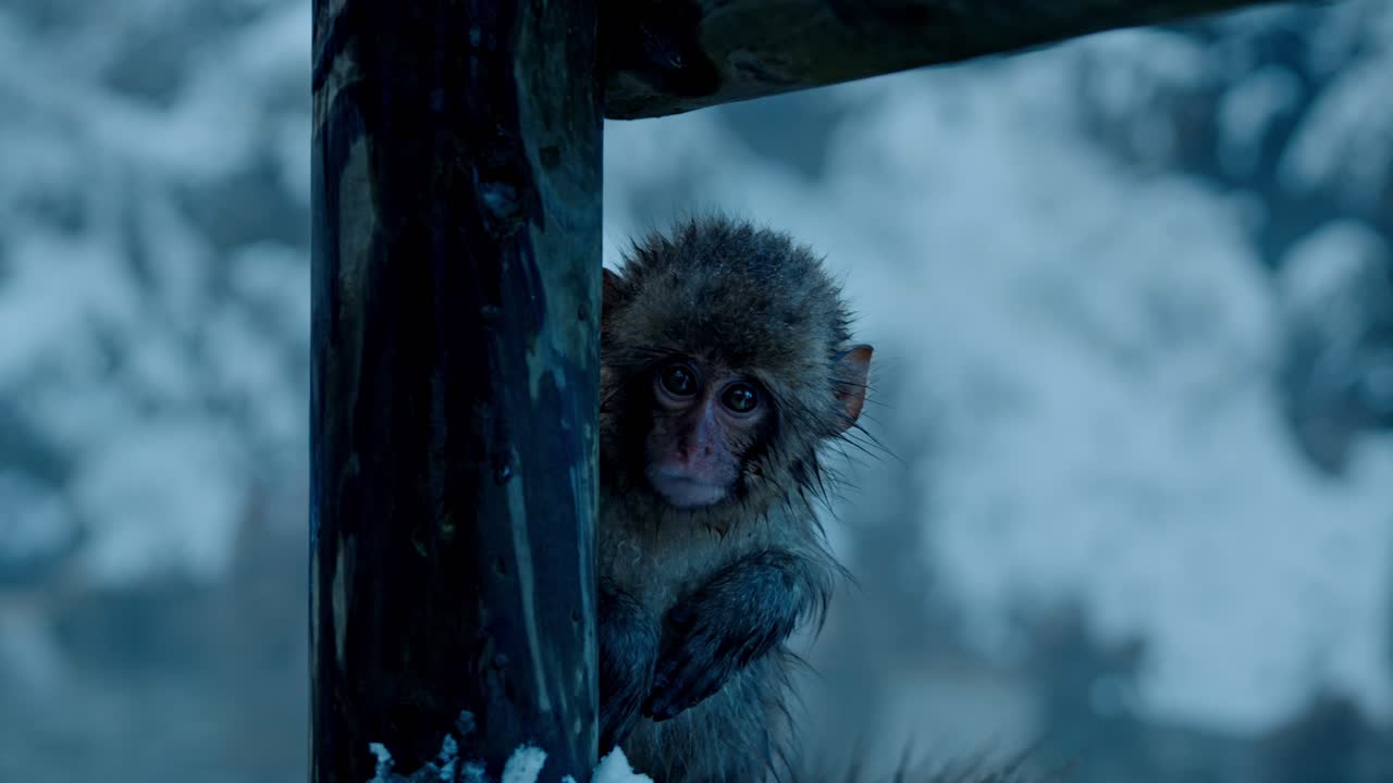 A shy little snow monkey cautiously explores the warm waters of an onsen in Jigokudani, Japan, with a beautiful snowy backdrop.