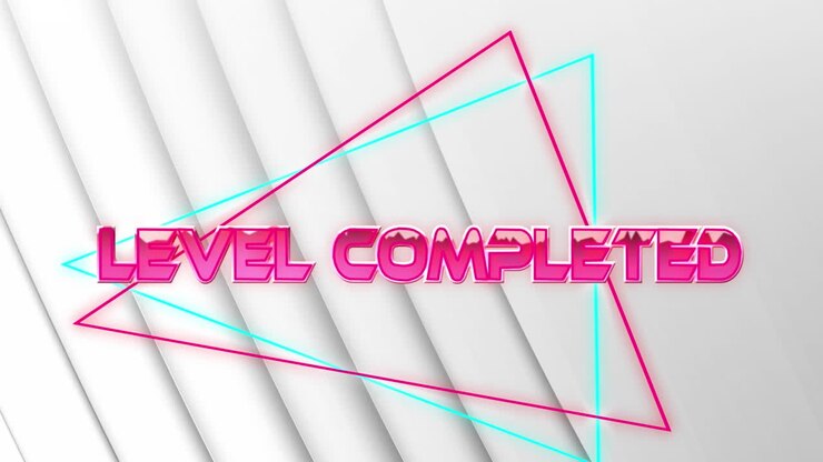 Animation of level completed text in pink metallic, over neon lines on black