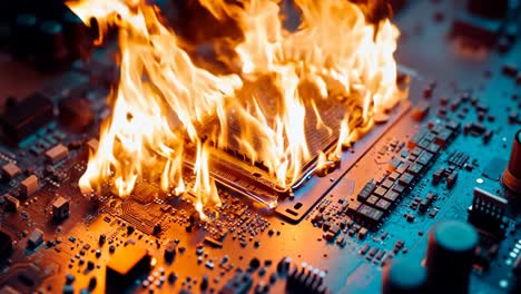 A computer motherboard on fire on a circuit board