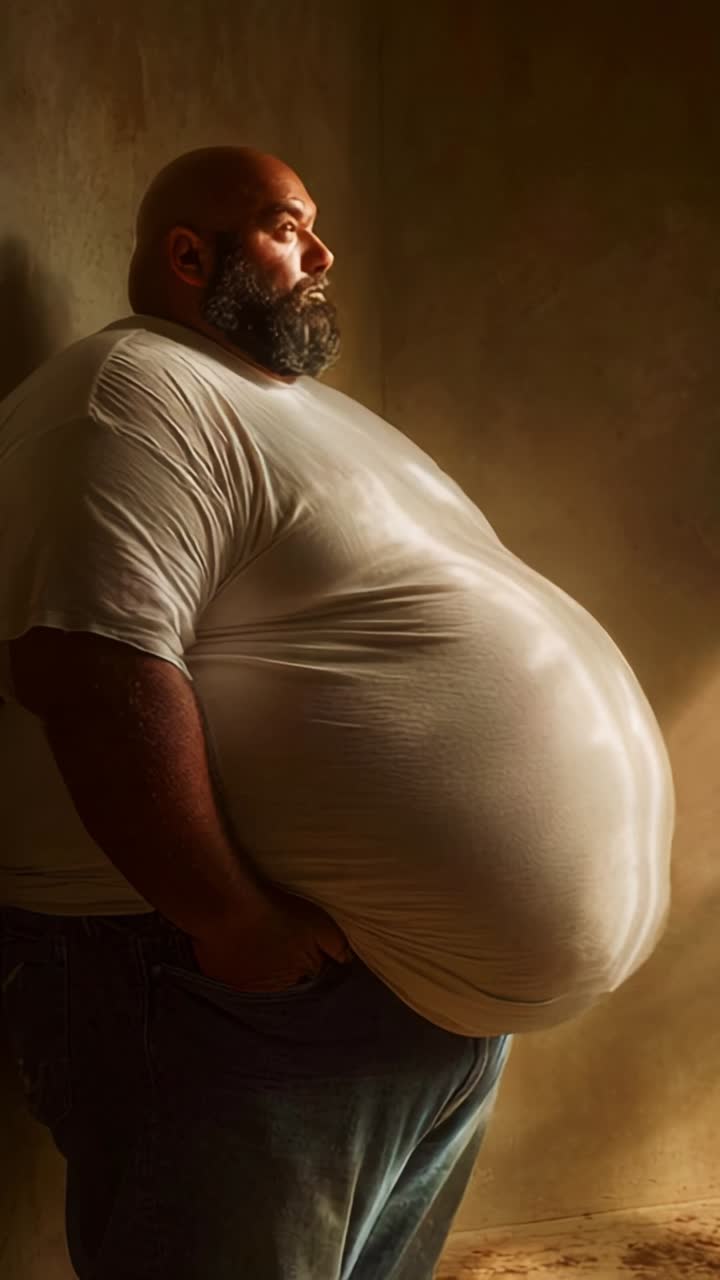 A contemplative moment captured as a man stands in a lighted space, showcasing his large physique, filled with emotion and personal introspection