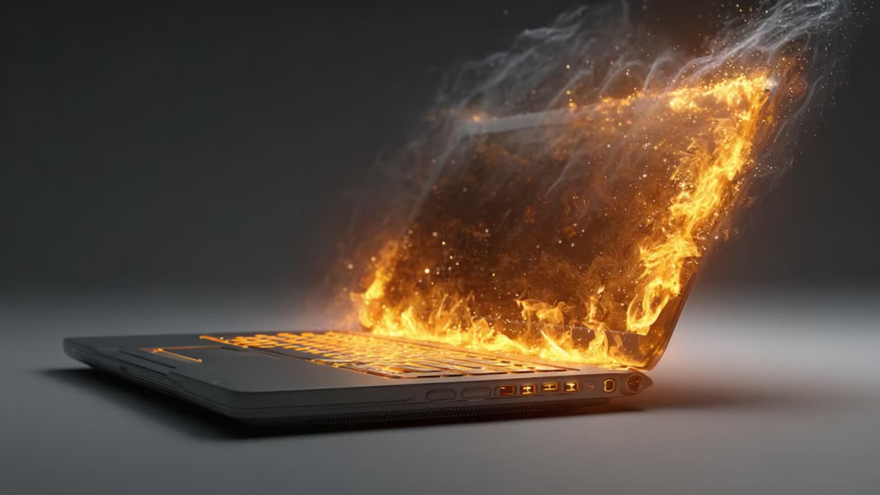 En kreativ visualisering av en laptop som brinner, vilket symboliserar farorna med överhettad teknik och dess implikationer för digitala enheter