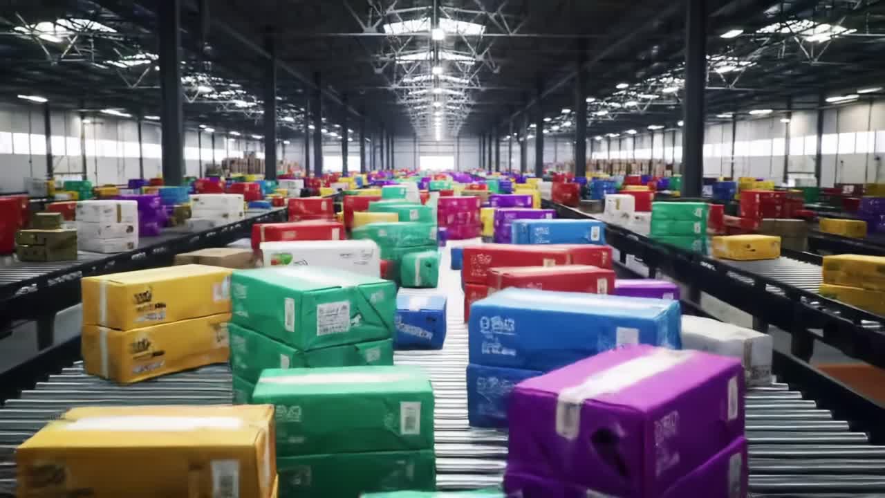 A Vibrant Warehouse Scene Filled with Colorful Packages Conveying Efficient Logistics and Distribution Operations in an Expansive Facility