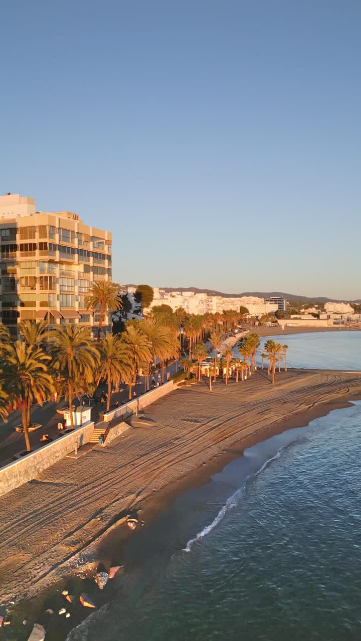Scatto aereo verticale della costa di Marbella, lungomare fiancheggiato da palme illuminato da un tramonto dorato, Malaga, Spagna meridionale