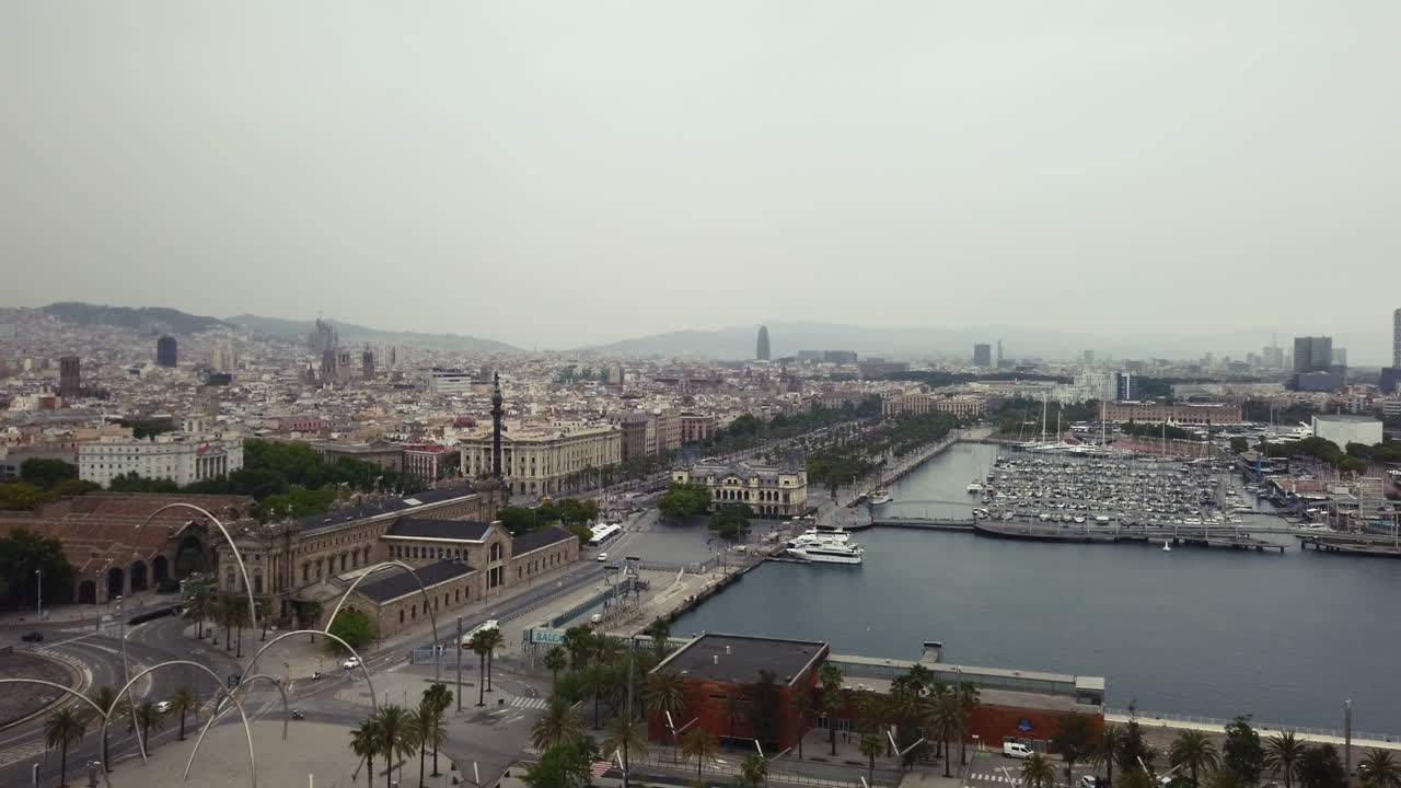 Aerial drone view of the Port Vell in Barcelona, Spain