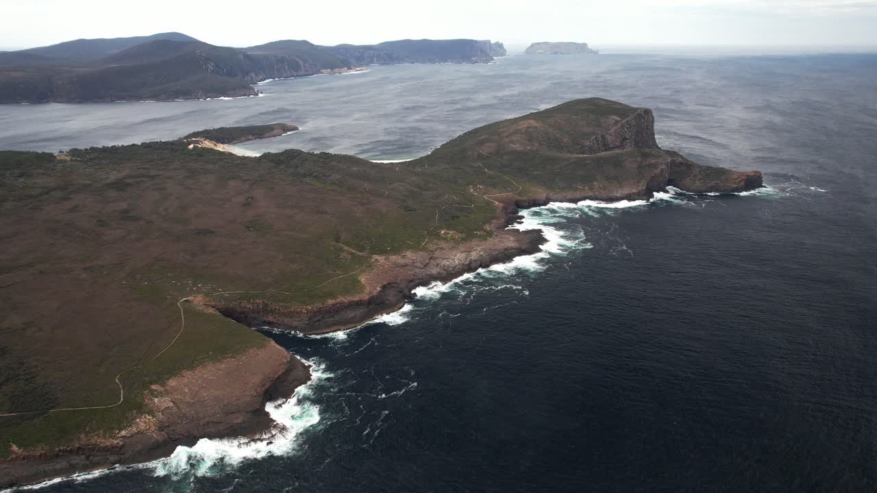 Maingon Blowhole, Mount Brown, And Crescent Bay In Port Arthur, Tasmania, Australia - Aerial Drone Shot
