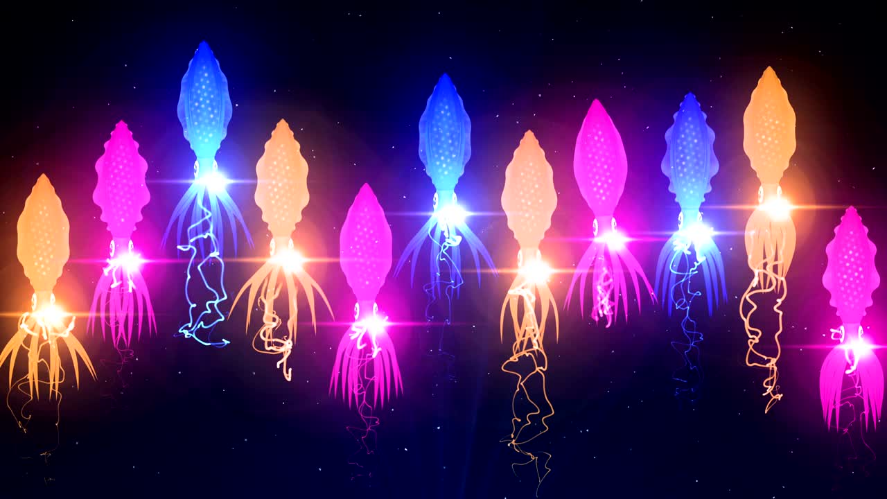 수중에서 컬러 빛으로 조명된 오징어, cg 애니메이션, 루프