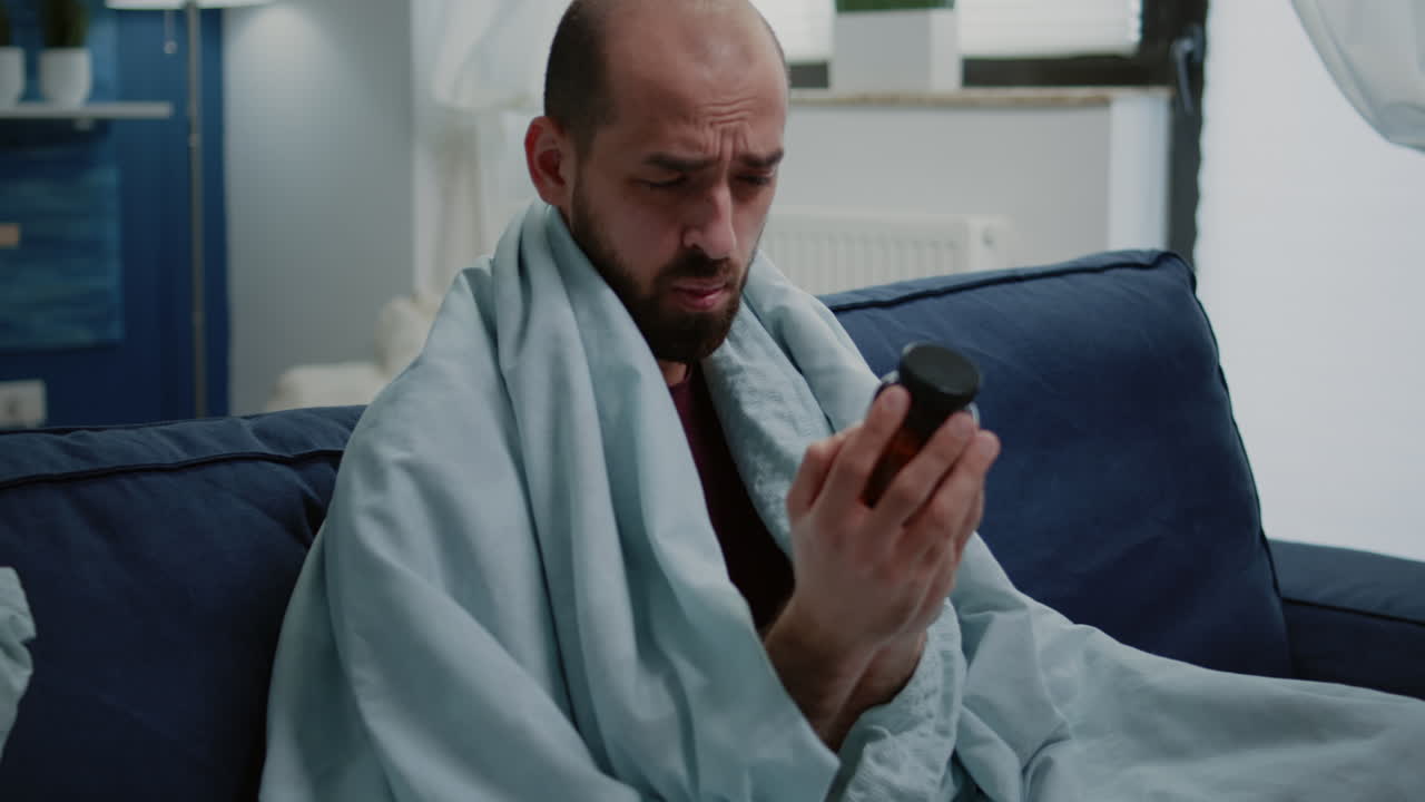 Sick man reading label of bottle with pills and drugs