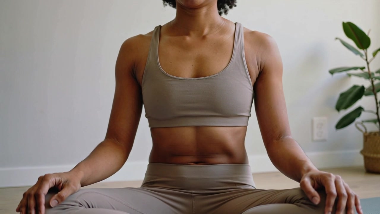 Donna seduta che indossa un reggiseno sportivo e leggings a vita alta, respira e medita su un tappetino da yoga, con una pianta.