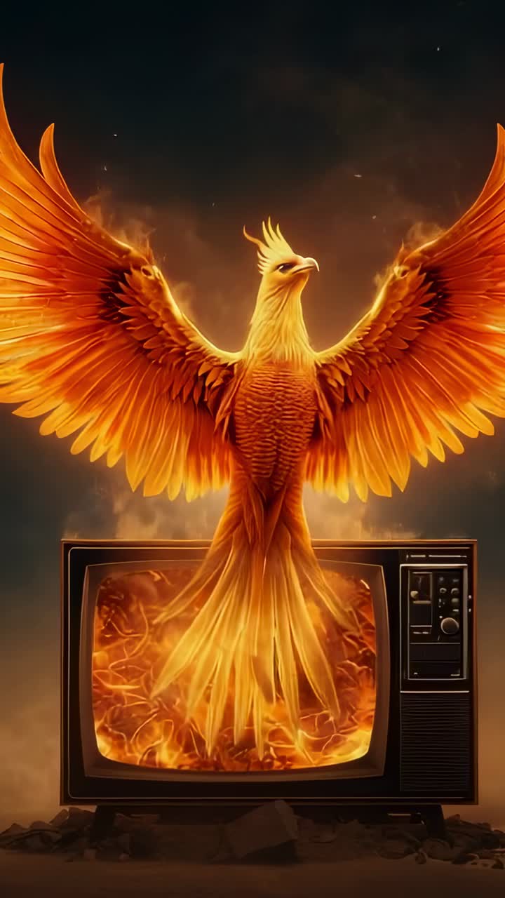 Vertical video: Embers flickering surging flames forming phoenix above knobbed CRT TV on stone