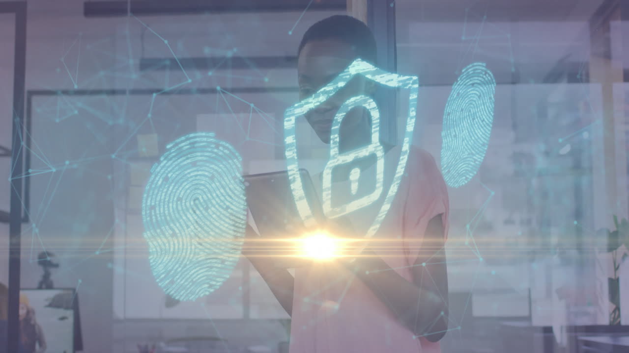 Interacting with digital security animation, person using interface with shield graphics