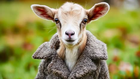 a baby goat wearing a coat standing in the grass